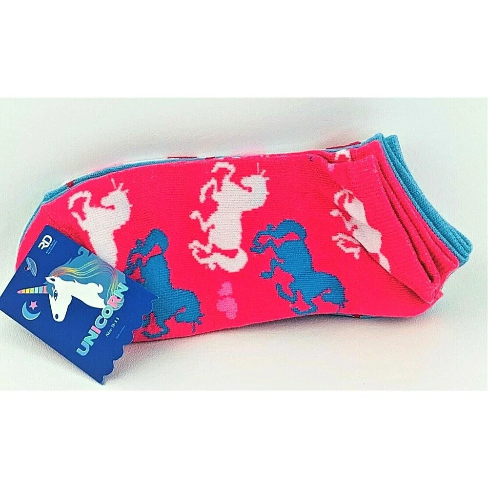 Women's Girls 3 Pk Unicorn Low Cut Socks Novelty Print Pink, White, Blue Sz 9-11